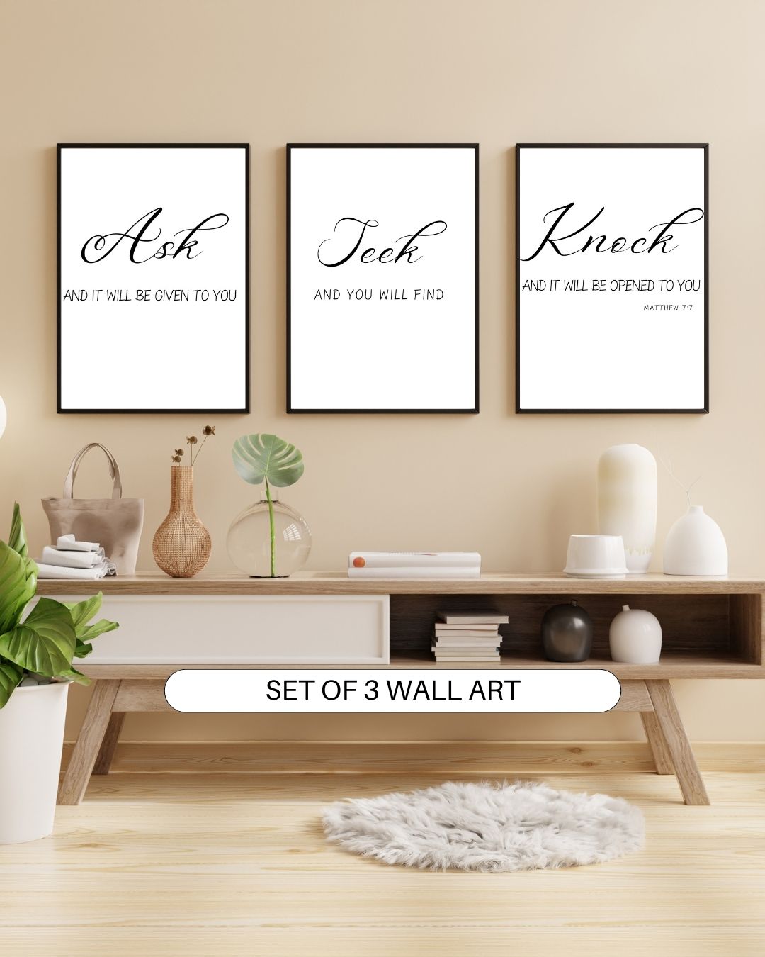 “Ask, Seek, Knock” Matthew 7:7 – Set of 3 Wall Art