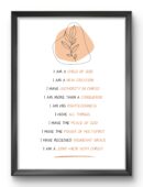Christian affirmation wall art featuring bold faith declarations such as “I am a Child of God” and “I am More than a Conqueror,” displayed in minimalist typography with warm, earthy tones.
