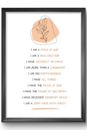 Christian affirmation wall art featuring bold faith declarations such as “I am a Child of God” and “I am More than a Conqueror,” displayed in minimalist typography with warm, earthy tones.