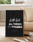 Minimalist Christian wall art with the scripture “With God all things are possible” from Matthew 19:26, displayed in bold typography on a dark background.