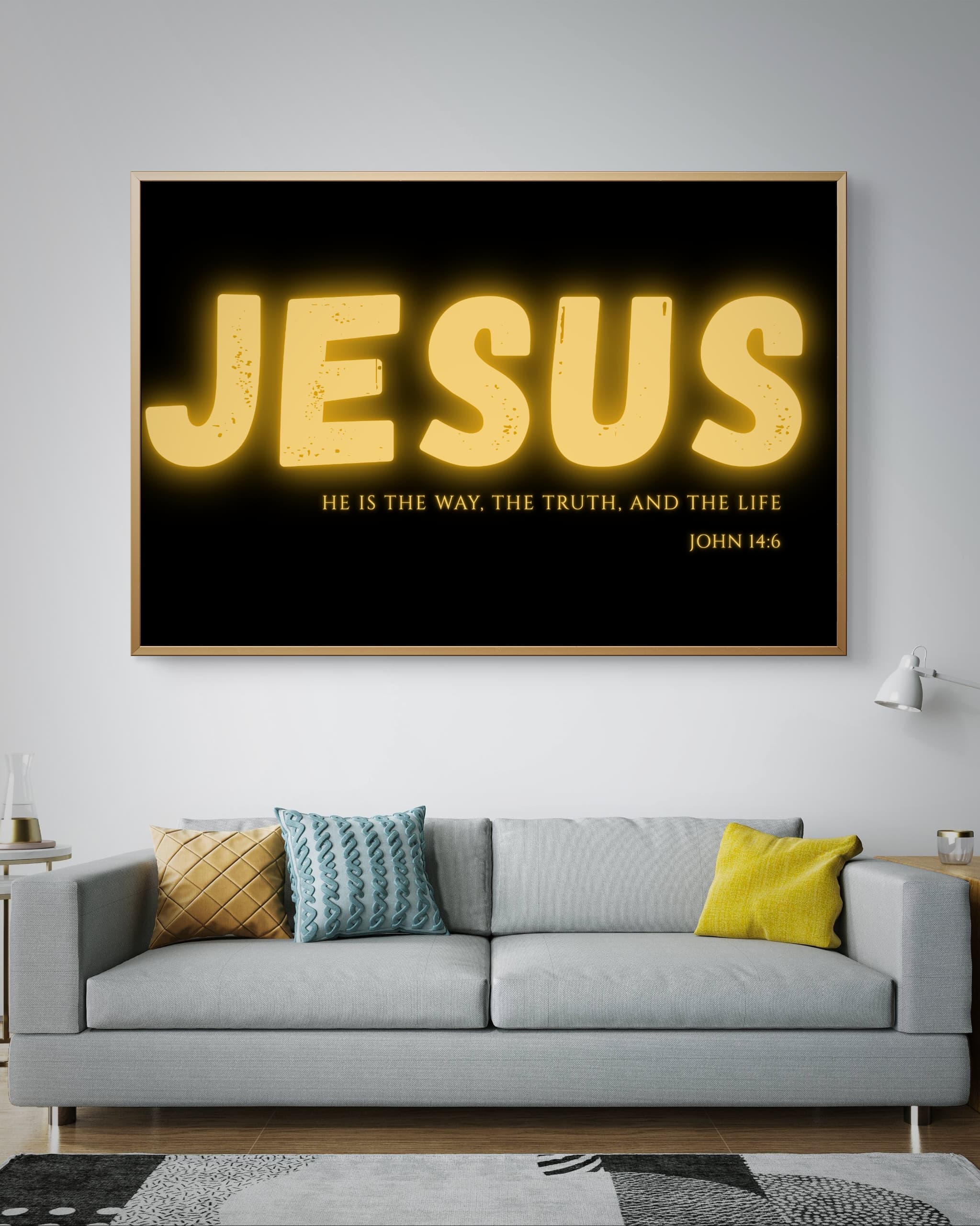 Minimalist Christian wall art with the inscription “Jesus – The Way, The Truth, and The Life” inspired by John 14:6, displayed in a modern frame for home or office décor.