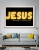 Minimalist Christian wall art with the inscription “Jesus – The Way, The Truth, and The Life” inspired by John 14:6, displayed in a modern frame for home or office décor.