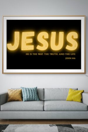 Minimalist Christian wall art with the inscription “Jesus – The Way, The Truth, and The Life” inspired by John 14:6, displayed in a modern frame for home or office décor.