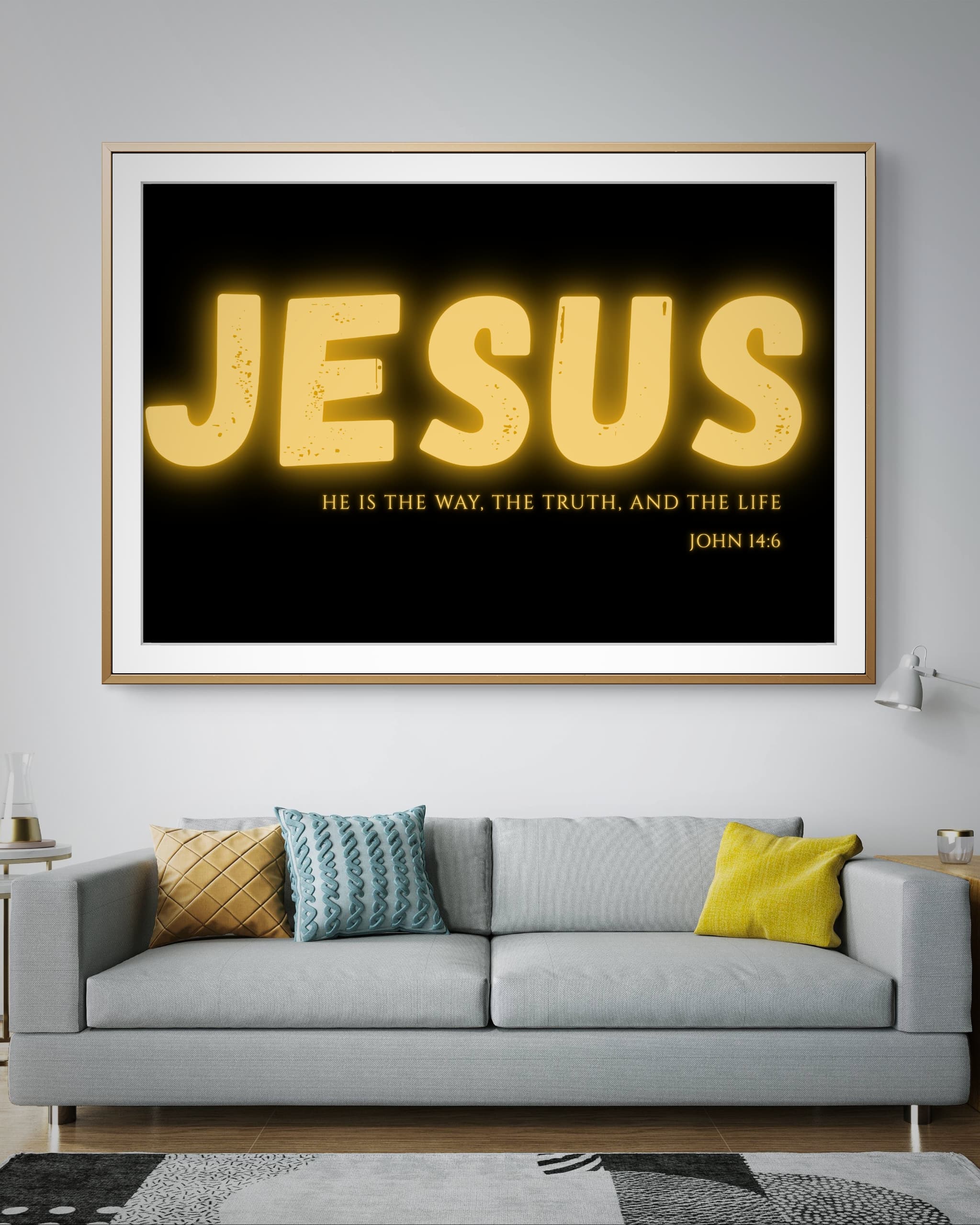 Minimalist Christian wall art with the inscription “Jesus – The Way, The Truth, and The Life” inspired by John 14:6, displayed in a modern frame for home or office décor.